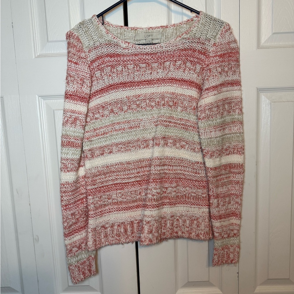 LOFT Women's Pink and Cream Striped Sweater